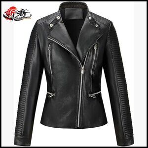 Faux Leather Motorcycle Jacket with Quilted Sleeves and Multi-Zipper Design